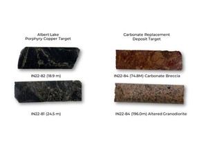 Figure 1 Examples of visible mineralization typical of copper-gold porphyry systems, and examples of limestone breccia mineralization typical of CRD systems.