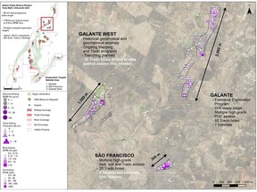 Figure 1: Plan map of the São Francisco and Galante West targets, shown with the drill-ready Galante target.