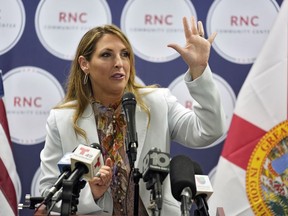 Republican National Committee chairman Ronna McDaniel speaks during a Get Out To Vote rally Tuesday, Oct. 18, 2022, in Tampa, Fla.