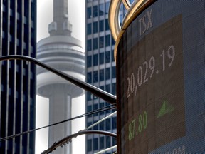 A sign board displays the TSX close in Toronto, Friday, June 4, 2021.