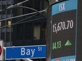 A sign board in Toronto shows the closing number for the TSX on Thursday October 29, 2020.