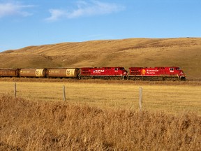 A CP Rail grain train on the Prairies.