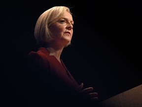 Liz Truss, U.K. prime minister, delivers her keynote speech during the Conservative Party's annual autumn conference in Birmingham in early October. Truss is struggling to keep control less than a month into her tenure.
