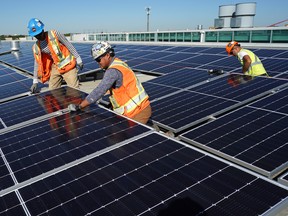 Workers for the City of Edmonton installing Canada's largest rooftop solar panel array at the Edmonton Expo Centre on Aug. 18, 2022.