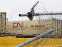 A Canadian National Railway container at the intermodal terminals in Brampton, Ontario.