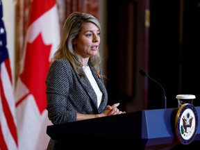 Canadian Foreign Minister Melanie Joly attending a news conference at the State Department in Washington, U.S.