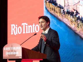 Prime Minister Justin Trudeau makes an announcement following a visit to a pilot project of a blue smelting demonstration plant at Rio Tinto Fer et Titane in Sorel, Que.