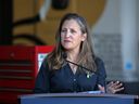 Deputy Prime Minister Chrystia Freeland speaks during a news conference at Bison Transport in Calgary.
