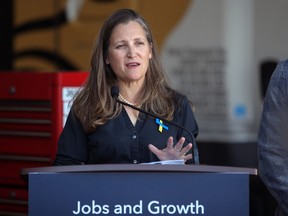 Deputy Prime Minister Chrystia Freeland speaks during a press conference at Bison Transport in Calgary.
