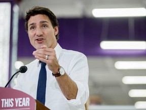 Prime Minister Justin Trudeau speaks during a press conference as he visits Memon Supermarket in Pickering, Ont.