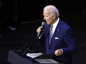 U.S. President Joe Biden speaks at a Democratic National Committee event at the Howard Theatre in Washington, DC.