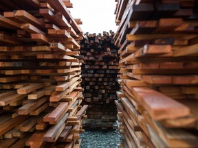 Stacks of cut lumber at a sawmill in Sooke, British Columbia.
