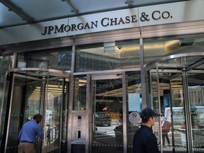 A person enters the JPMorgan Chase & Co. New York headquarters in Manhattan.