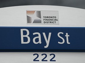 A street sign along Bay Street in Toronto's financial district is shown on Tuesday, January 12, 2021.