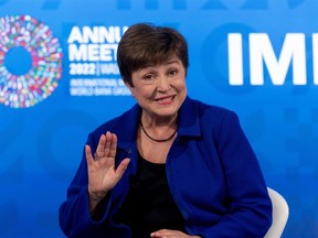 FILE - International Monetary Fund Managing Director Kristalina Georgieva speaks during the 2022 annual meeting of the IMF and the World Bank Group in Washington, Wednesday, Oct. 12, 2022. The managing director of the International Monetary Fund urged global policymakers, Thursday, Oct. 13, to stop inflation from becoming "a runaway train″ at a time of extraordinary economic turmoil.