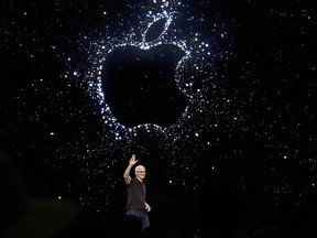 FILE - Apple CEO Tim Cook speaks at an Apple event on the campus of Apple's headquarters in Cupertino, Calif., on Sept. 7, 2022. Apple Music is about to reach a huge numerical milestone -- offering an eye-popping 100 million songs available on the streaming service.
