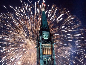 Fireworks explode over the Peace Tower on Parliament Hill during Canada Day celebrations. The federal deficit for the 2021-22 fiscal year was $23.6 billion lower than that projected in the spring budget.
