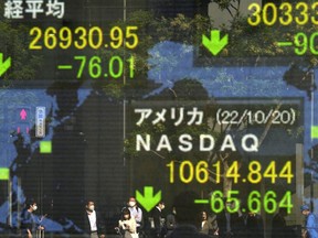 People are reflected on an electronic stock board showing global indexes including Japan's Nikkei 225, top left, in front of a securities firm Friday, Oct. 21, 2022, in Tokyo. Some of the shine has come off sustainable investing this year amid questions about methods and as oil and gas prices and stocks spiked while the wider market floundered, but those in the sector say it still makes sense for the long term.