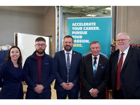 Left to right: Reva Bond, Dean of the SAIT School of Construction, Michael Orr, SAIT carpentry student, Scott Fash, Executive Director of BILD Alberta, Jay Westman, Chair and CEO of Jayman BUILT, and Dr. David Ross, SAIT President and CEO.
