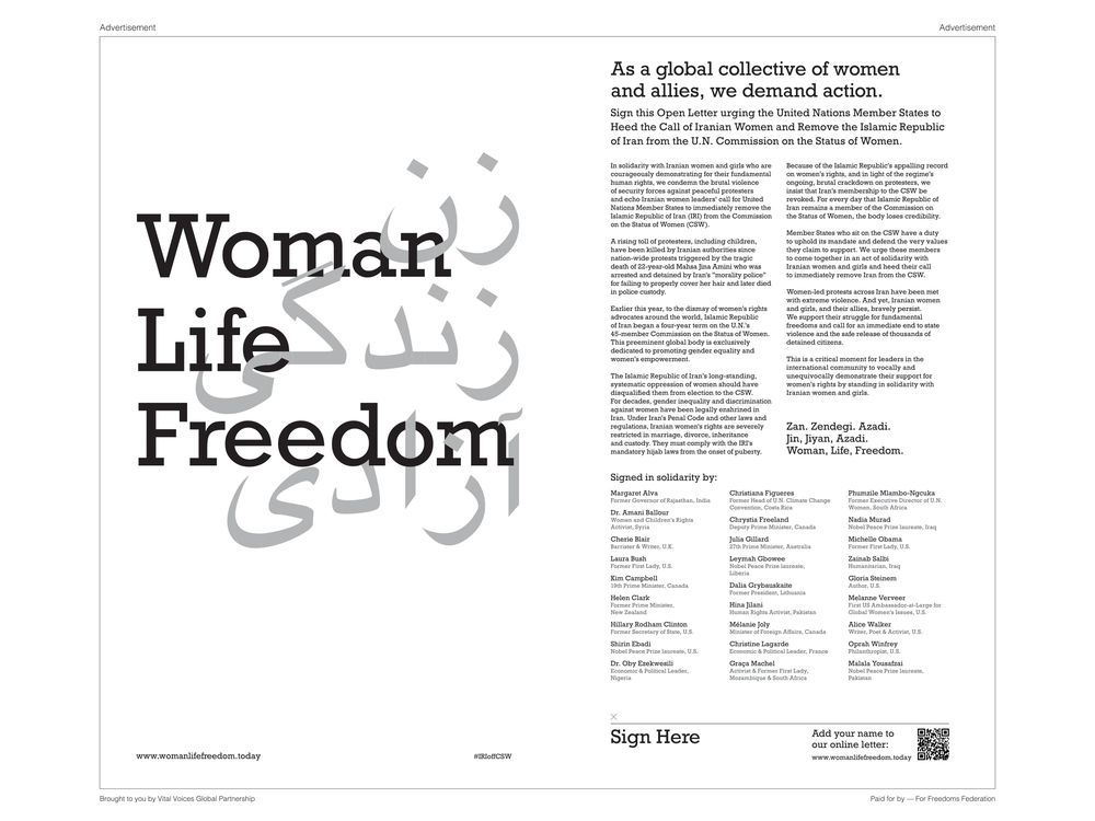 Sec. Hillary Clinton, Canada’s Deputy PM Chrystia Freeland, Oprah Winfrey, Malala, Christine Lagarde, Michelle Obama & Global Women Leaders from Over 14 Countries Sign an Open Letter Calling for UN Action Against Iran