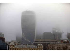 Fog shrouds 20 Fenchurch Street, also known as the 'Walkie-Talkie', in the City of London, U.K., on Wednesday, Feb. 8, 2017. London's poor air quality set a modern record at the end of January, during a spate of pollution that occurred when cold, windless weather trapped emissions over the capital.