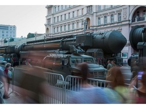 A vehicle transports a RS-24 Yars strategic nuclear missile along a street during a Victory Day rehearsal in Moscow, Russia, on Wednesday, June 17, 2020. Russian President Vladimir Putin postponed the traditional May 9 parade in April because of the coronavirus.