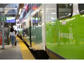 A GO Transit train enters Union Station in Toronto, Ontario, Canada, on Thursday, June 17, 2021. Verster said he believes the pandemic will reshape travel patterns for years, a challenge for Metrolinx, which has plans to spend about C$75 billion ($60.4 billion) over a decade on subways, light rail and other transit projects.