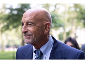 Tom Barrack Jr., founder of Colony Capital Inc., arrives at criminal court in New York, U.S., on Monday, July 26, 2021. Barrack and U.S. prosecutors have reached agreement on a bail package that will allow him to be freed ahead of a trial on charges that he illegally lobbied the government on behalf of the United Arab Emirates, according to people familiar with the case.