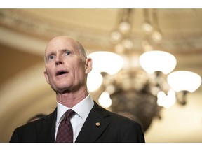 Senator Rick Scott, a Republican from Florida, speaks during a news conference following a weekly Republican caucus luncheon at the U.S. Capitol in Washington, D.C., U.S., on Tuesday, Sept. 21, 2021. House Democrats set up a Tuesday vote on a bill that would suspend the U.S. debt ceiling through December 2022 and temporarily fund the government to avert a shutdown at the end of this month.