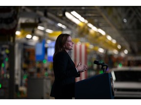 Mary Barra, chief executive officer of General Motors Co., speaks during an event with U.S. President Joe Biden, not pictured, at General Motors' Factory ZERO all-electric vehicle assembly plant in Detroit, Michigan, U.S., on Wednesday, Nov. 17, 2021. General Motors invested $2.2 billion in Factory ZERO, the single largest investment in a plant in GM history.