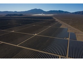 First Solar photovoltaic panels at the Desert Stateline Solar Facility, a utility-scale photovoltaic power station, in the Mojave Desert in San Bernardino County, California, U.S., on Saturday, Feb. 19. 2022. California aims to end greenhouse gas emissions from its electricity grid by 2045.