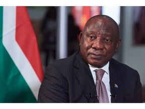 Cyril Ramaphosa, South Africa's president, during a Bloomberg Television interview at the South Africa Investment Conference in Johannesburg, South Africa, on Thursday, March 24, 2022. The South African rand is up more than 7% this year, reversing losses seen at end-2021.