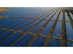 Photovoltaic panels at a solar farm in Pavagada, Karnataka, India.