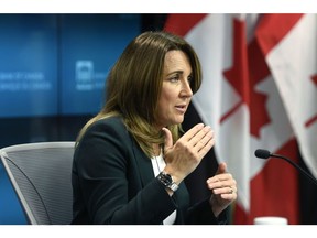 Carolyn Rogers speaks during a Bank of Canada news conference in Ottawa on April 13, 2022..