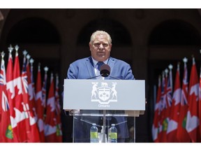 Doug Ford, Ontario's premier, speaks during a swearing-in ceremony at Queens Park in Toronto, Ontario, Canada, on Friday, June 24, 2022. Ford announced his new cabinet today, after cruising to a second victory as Ontario's premier, cementing his control over the province that represents 40% of Canada's economy.