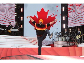 Bhangra dancer Gurdeep Pandher performs at the noon show on Canada Day in Ottawa, Ontario, Canada, on Friday, July 1, 2022. For the first time in 50 years, the main celebrations will not be on Parliament Hill, as Centre Block is under construction,