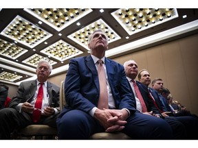 US House Minority Leader Kevin McCarthy, a Republican from California, center, during the America First Policy Institute's America First Agenda Summit in Washington.