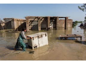 A man moves his freezer through flood water in Sindh province, Pakistan. The country is facing a humanitarian crisis after unprecedented rainfall led to record flooding.