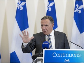 Francois Legault speaks at a campaign stop in Montreal on Sept. 13.