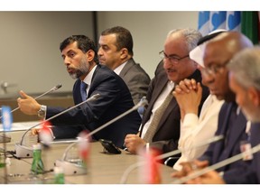 Suhail Al Mazrouei, United Arab Emirates' energy minister, left, speaks during a news conference following the 33rd meeting of the Organization of Petroleum Exporting Countries (OPEC) and non-OPEC countries in Vienna, Austria, on Wednesday, Oct. 5, 2022. OPEC+ agreed to cut its collective output limit by 2 million barrels day as it seeks to halt a slide in oil prices caused by the weakening global economy.