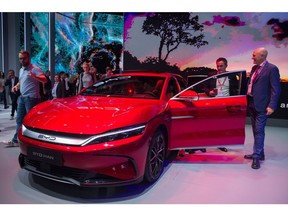 A BYD Co. Han luxury sedan on the opening day of the Paris Motor Show in Paris, France, on Monday, Oct. 17, 2022. The auto industry -- a slice of it at least -- converges in France this week for the biennial Paris Motor Show, also known as the Mondial de l'automobile.