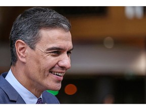 Pedro Sanchez, Spain's prime minister, speaks to the media before the European Union (EU) leaders' summit at the European Council headquarters in Brussels, Belgium, on Thursday, Oct. 20, 2022. European natural gas rose following a five-day losing run, with traders weighing potential supply risks this winter while EU leaders gather to discuss further steps to tackle the crisis.