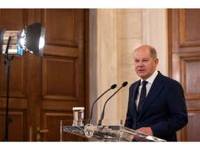Olaf Scholz, Germany's chancellor, speaks during a joint news conference with Kyriakos Mitsotakis, Greece's prime minister, at Maximos Mansion in Athens, Greece, on Thursday, Oct. 27, 2022. Greece is planning to send the German tanks it receives as part of a military deal to support Ukraine close to its border with Turkey.