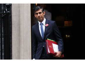 Rishi Sunak, UK prime minster, departs 10 Downing Street to attend a weekly questions and answers session in Parliament in London, UK, on Wednesday, Nov. 2, 2022. Trade Secretary Kemi Badenoch questioned the accuracy of economic forecasts produced by the UK's independent fiscal watchdog, weeks before the government is due to announce a package of tax rises and spending cuts meant to reassure markets about the state of the country's finances.