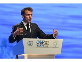 Emmanuel Macron, France's president, delivers a national statement at the COP27 climate conference at the Sharm El Sheikh International Convention Centre in Sharm El-Sheikh, Egypt, on Monday, Nov. 7, 2022. More than 100 world leaders started arriving in the Egyptian resort of Sharm el-Sheikh for the UN's annual climate change summit, attempting to maintain momentum in the battle to curb planet-warming emissions.