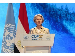 Ursula von der Leyen, president of the European Commission, delivers a speech at the COP27 climate conference at the Sharm El Sheikh International Convention Centre in Sharm El-Sheikh, Egypt, on Tuesday, Nov. 8, 2022. More than 100 world leaders are set to be in Sharm el-Sheikh, Egypt over the next two weeks for the UN's annual climate talks.