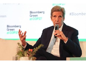 John Kerry, US special presidential envoy for climate, left, speaks during during an interview at the COP27 climate conference in Sharm El-Sheikh, Egypt, on Wednesday, Nov. 9, 2022. More than 100 world leaders are set to be in Sharm el-Sheikh, Egypt over the next two weeks for the UN's annual climate talks. Photographer: Islam Safwat/Bloomberg