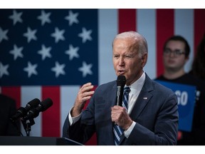 US President Joe Biden speaks during a Democratic National Committee (DNC) rally at Howard Theatre in Washington, DC, US, on Thursday, Nov. 10, 2022. Biden said today his economic plan is showing results, citing promising data on inflation, two days after Democrats lodged a better-than-predicted showing in midterm elections.