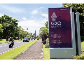 Banners for the G20 Bali Summit installed at Nusa Dua, in Bali, Indonesia, on Thursday, Nov. 10, 2022. The G20 summit, which will be held Nov. 15-16 at Nusa Dua, is expected to contribute as much as 7.4 trillion rupiah ($472 million) to the economy, according to the government.