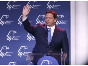 Ron DeSantis, governor of Florida, during the Republican Jewish Coalition (RJC) Annual Leadership Meeting in Las Vegas, Nevada, US, on Saturday, Nov. 19, 2022. Democrats defied political forecasts and historical trends to keep control of the Senate in a win for President Joe Biden, as voters rejected a handful of candidates backed by former President Donald Trump.
